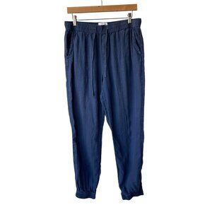 Halston Womens 100% Linen Jogger Pants Size L Drawstring Navy Chambray Coastal